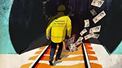 An illustration of a rail worker walking down the tracks as moneys flies from his briefcase